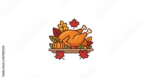 Thanksgiving Turkey Platter with Autumn Leaves and Pumpkin Illustration