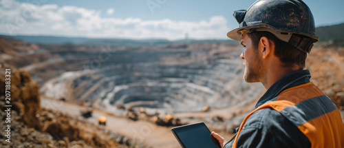 Mining Operations Overseer: A seasoned mining professional, wearing a hard hat and high-visibility vest, holds a tablet while surveying a vast open-pit mine.