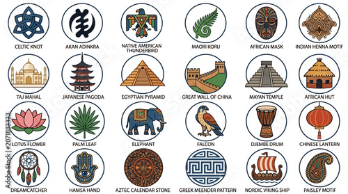 Various ancient cultural symbols icons.