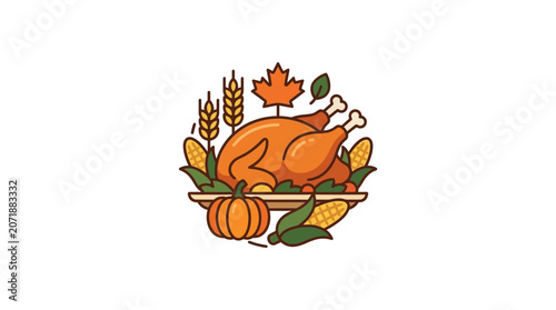 Thanksgiving Turkey Dinner Illustration with Harvest Vegetables