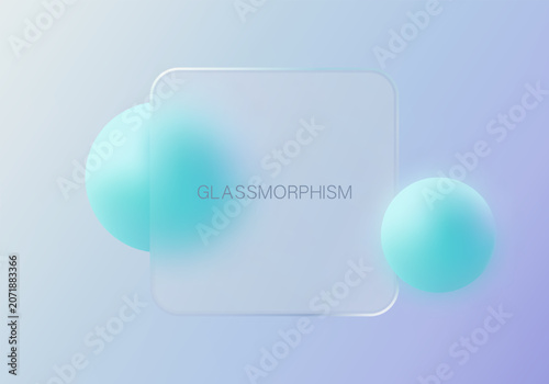 Glassmorphism square card with cyan spheres on gradient background