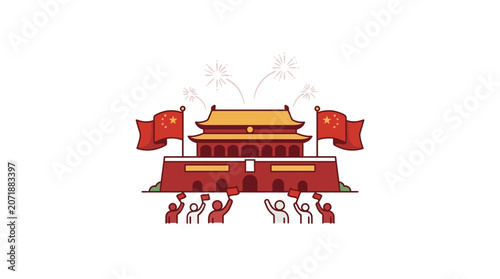 Tiananmen Square Celebration with Chinese Flags and People