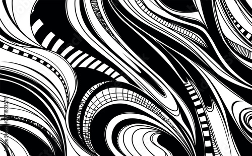 Vector abstract black and white background with wavy lines and stripes.