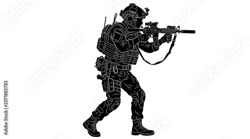 Soldier in tactical gear aiming rifle.