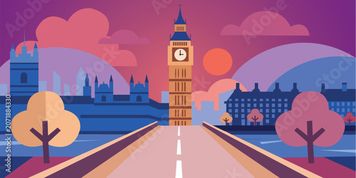 Vibrant illustration of big ben and london cityscape at sunset with colorful road and trees