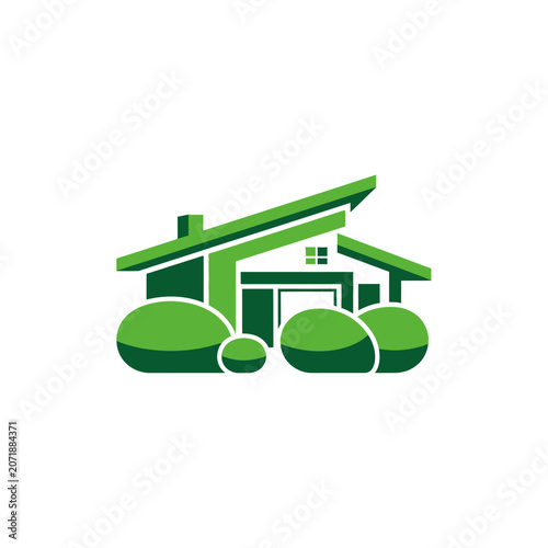 Green house with bushes illustration.