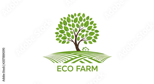 Eco farm logo with tree and field.