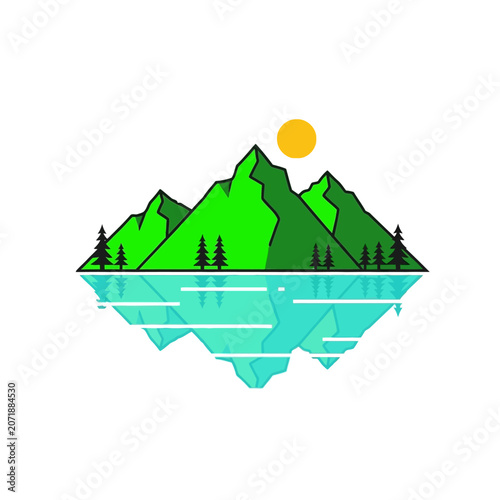 Mountain landscape with trees and water.