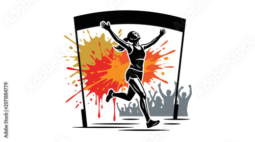 Female runner crossing the finish line celebrating victory with arms raised.