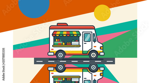 Colorful Food Truck Illustration on a Road.