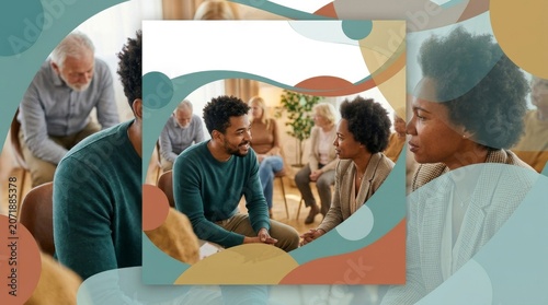 Diverse adults in casual clothing listen attentively in a brightly lit room during a support group session.