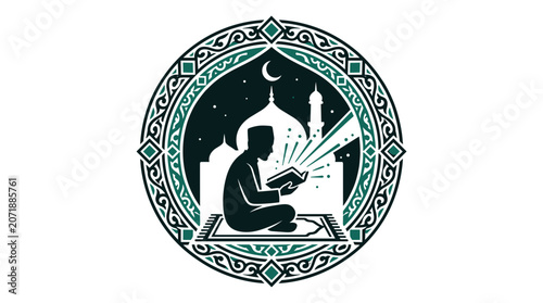 Islamic man reading holy book in front of mosque illustration.