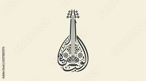 Oud instrument calligraphy art with Arabic script.