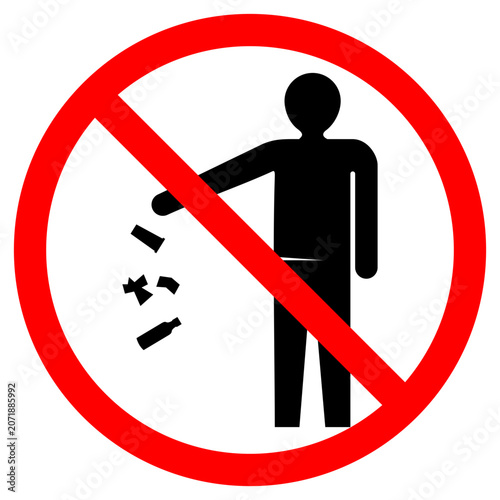 No littering prohibition sign vector illustration. Silhouette of a person throwing trash in a garbage bin with a red stop circle. Clean environment campaign icon.