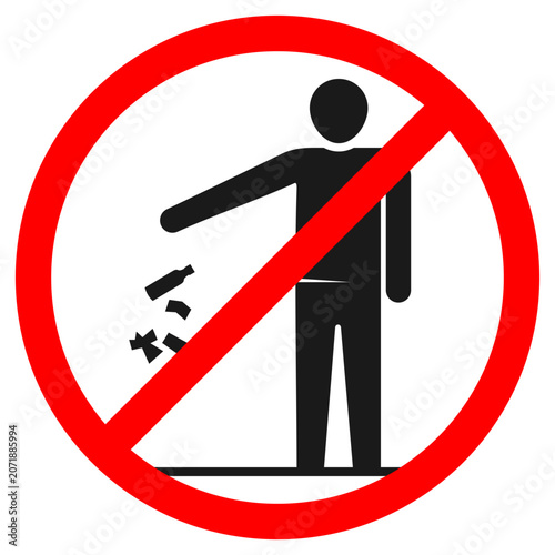 No littering warning symbol illustration. Stick figure person throwing garbage in a bin with a red forbidden circle. Isolated public safety vector sticker design.