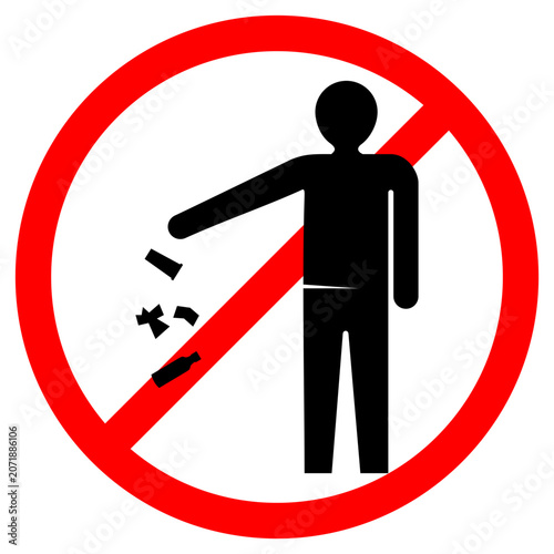 No littering warning symbol illustration. Stick figure person throwing garbage in a bin with a red forbidden circle. Isolated public safety vector sticker design.