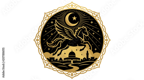 Islamic Pegasus Symbol with Crescent Moon and Mosque Silhouette.