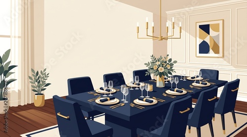 Modern Dining Room Vector with Navy Blue Chairs and Gold Accents
