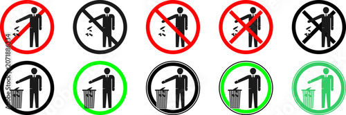 Commercial public notice signs for no littering. Vector pictogram collection of person throwing garbage in a bin with red strikeout prohibition circle.