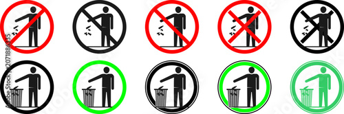 No littering sign vector illustration set. Silhouette of a person throwing trash in the garbage bin with a red prohibition circle. Keep environment clean concept.