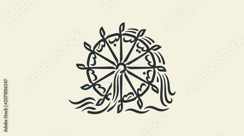 Stylized Water Wheel Illustration with Flowing Water.