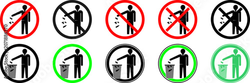 Flat design no littering icons for public places. Pictogram of man dropping litter with red and green circles. Environmental care symbols isolated on white background.
