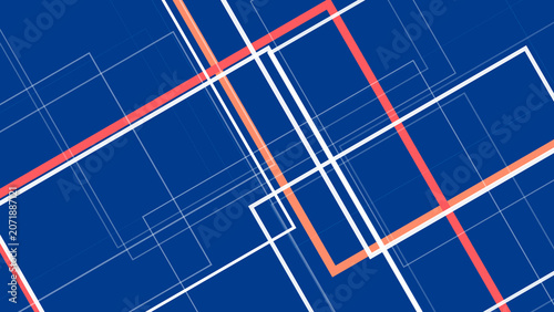 Photos Abstract geometric blueprint pattern with intersecting lines and rectangles in bold blue, white, and orange, creating a crisp technical mood for design and presentation use