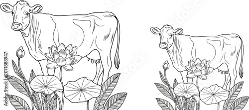 Cow illustrations, black and white, line art, farm animals, floral background, 2 vector graphics