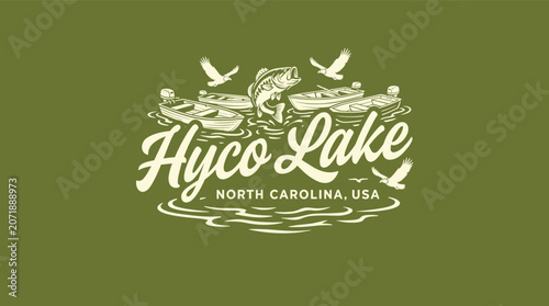Vintage rustic Hyco Lake North Carolina emblem featuring jumping largemouth bass, eagles, and fishing boats, retro vector for t-shirt design