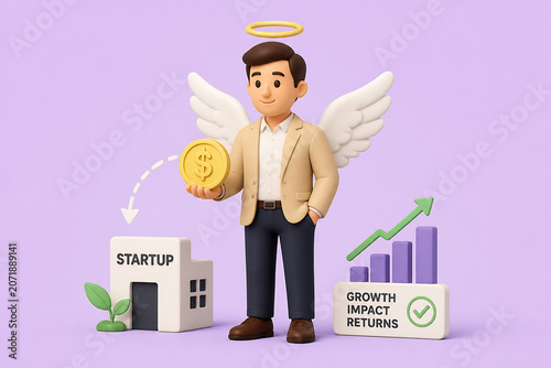 A cartoon angel figure holding a gold coin stands next to startup and growth charts in a plain purple setting.