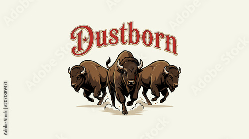 Photos Powerful vintage American bison stampede with Dustborn typography, retro mascot graphic illustration for t-shirt design and western apparel branding