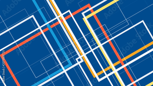 Fényképezés Abstract geometric lines and rectangles weave through a bold blue grid with bright accents, creating a modern energetic rhythm for tech, architecture, and design themes