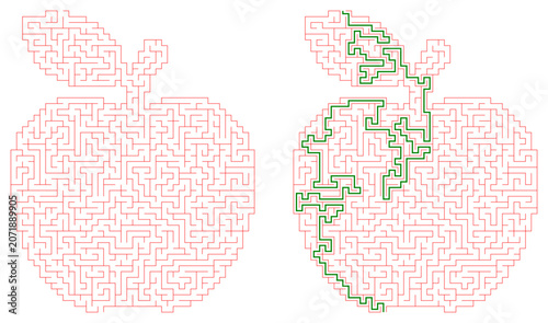 Red apple shaped maze puzzle with solution path showing green line