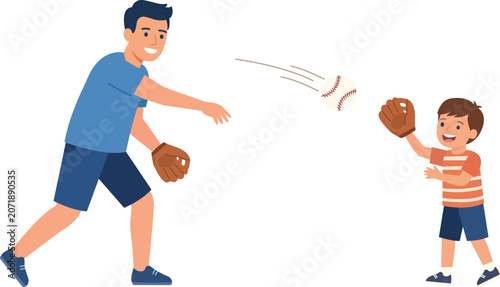 Happy Father and Son Playing Baseball Catch Together Outdoor Family Recreation Activity Vector Illustration Isolated on PNG Background.
