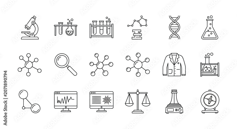Fototapeta premium Line style Science Icons Featuring Laboratory Equipment And Molecular Structures