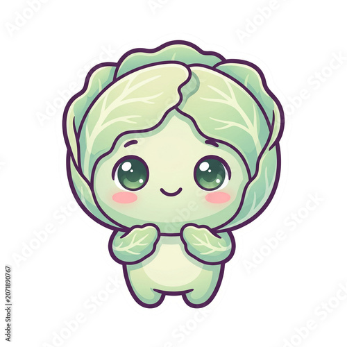 Kawaii Cabbage Vegetable Character with Cute Expression and Green Leaves sticker Illustration