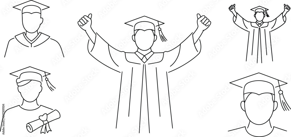 Obraz premium Graduation line art icons set, student avatars in mortarboard caps and gowns, celebrating graduates with diploma scroll vector illustrations