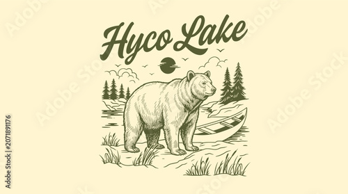 Vintage rustic grizzly bear standing by Hyco Lake with canoe and pine forest, retro woodcut engraving for t-shirt design and outdoor branding