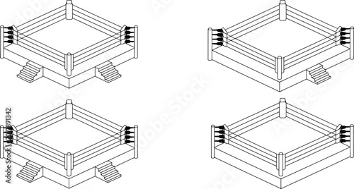 Isometric boxing ring vector set, professional wrestling arena line art collection, empty combat sports stage with ropes and stairs