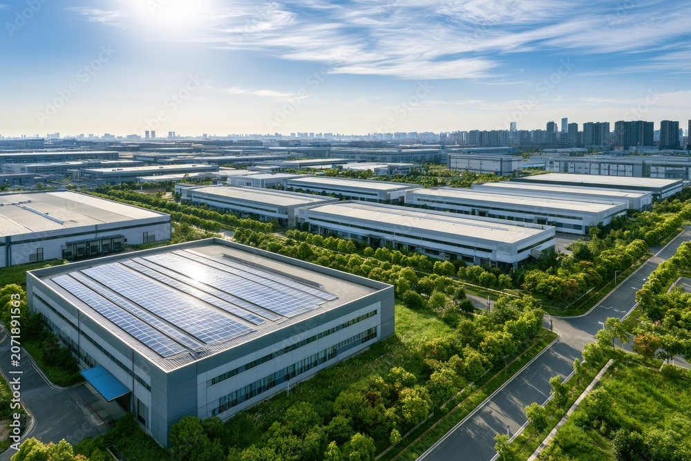 Naklejka premium Vast Industrial Park with Modern Warehouses and Greenery Under a Blue Sky.