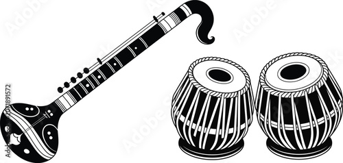 Obraz na plátně Traditional Indian musical instruments vector, black and white sitar and tabla d