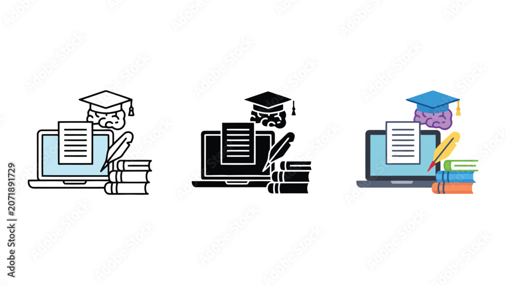 Obraz premium Digital education and knowledge acquisition concept with a laptop brain graduation cap document quill pen and stacked books illustration