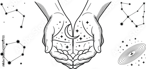 Mystical celestial hands holding moon and stars vector, esoteric astrology constellations and galaxy icons, occult line art for tarot and magic