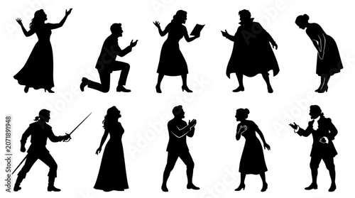 Theater Actors Silhouette Collection Set Featuring Victorian Drama Performance Poses