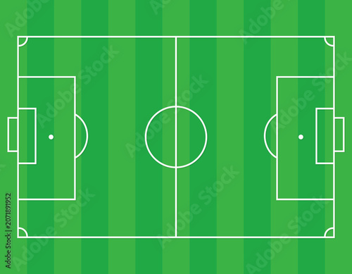 グリーンのストライプの芝生に白いラインが引かれた真上から見たシンプルなサッカーコートのイラスト素材