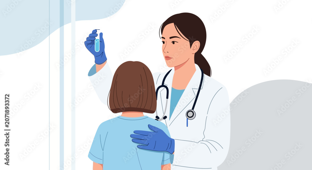 Fototapeta premium Doctor with Vaccine Vial and Child Patient Receiving Care