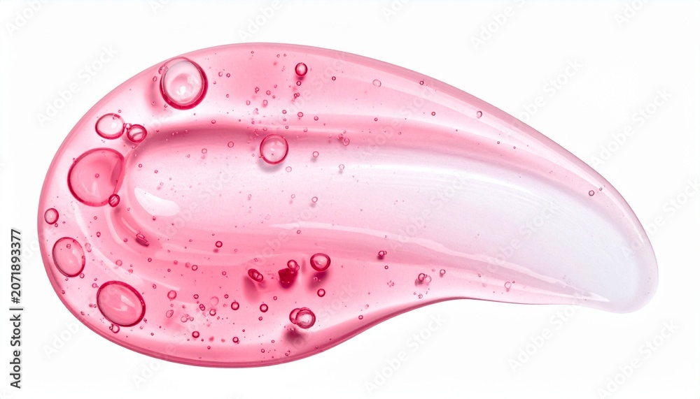Fototapeta premium Pink hyaluronic acid serum drop with bubbles, close-up of cosmetic gel essence, skincare product texture