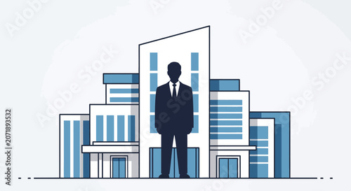 A man in a business suit standing in front of a modern city skyline.