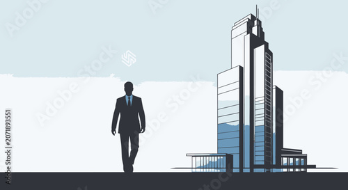Businessman walking towards modern office building.