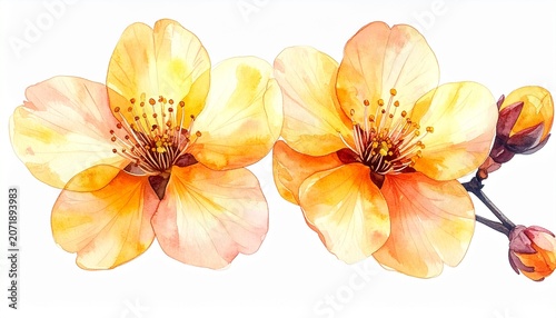 Watercolor peach cherry blossoms, two vibrant flowers with soft petals on a branch, isolated on white background